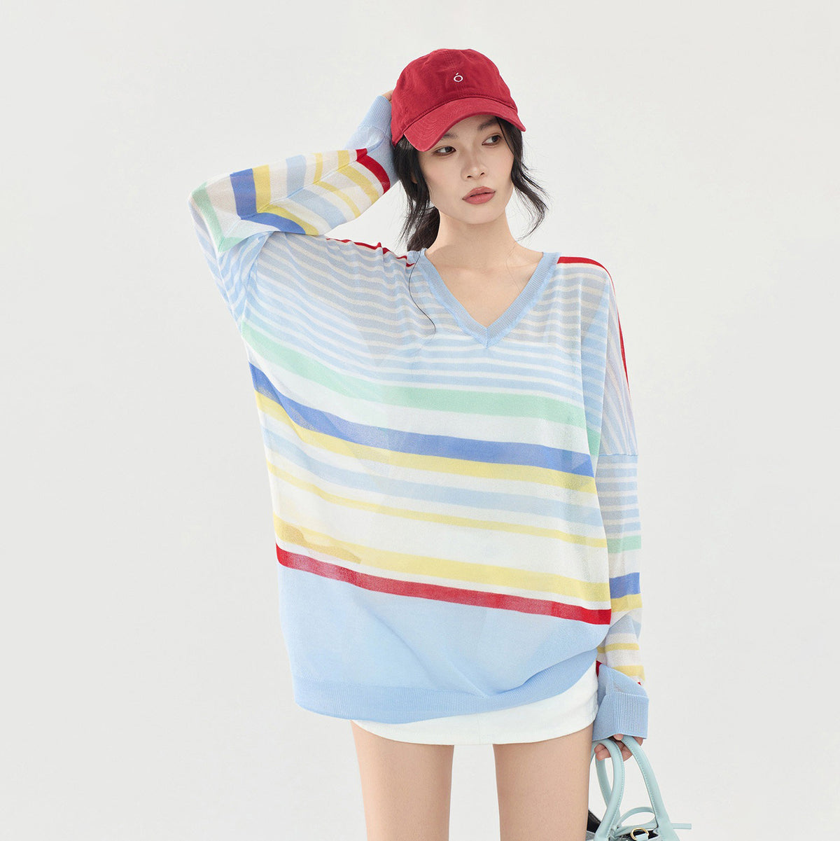 【トップス】カラーボーダーVネックニットトップス レディース 夏新作 長袖 薄手 透け感 シアー ゆったり Tシャツ【FCシリーズ】
