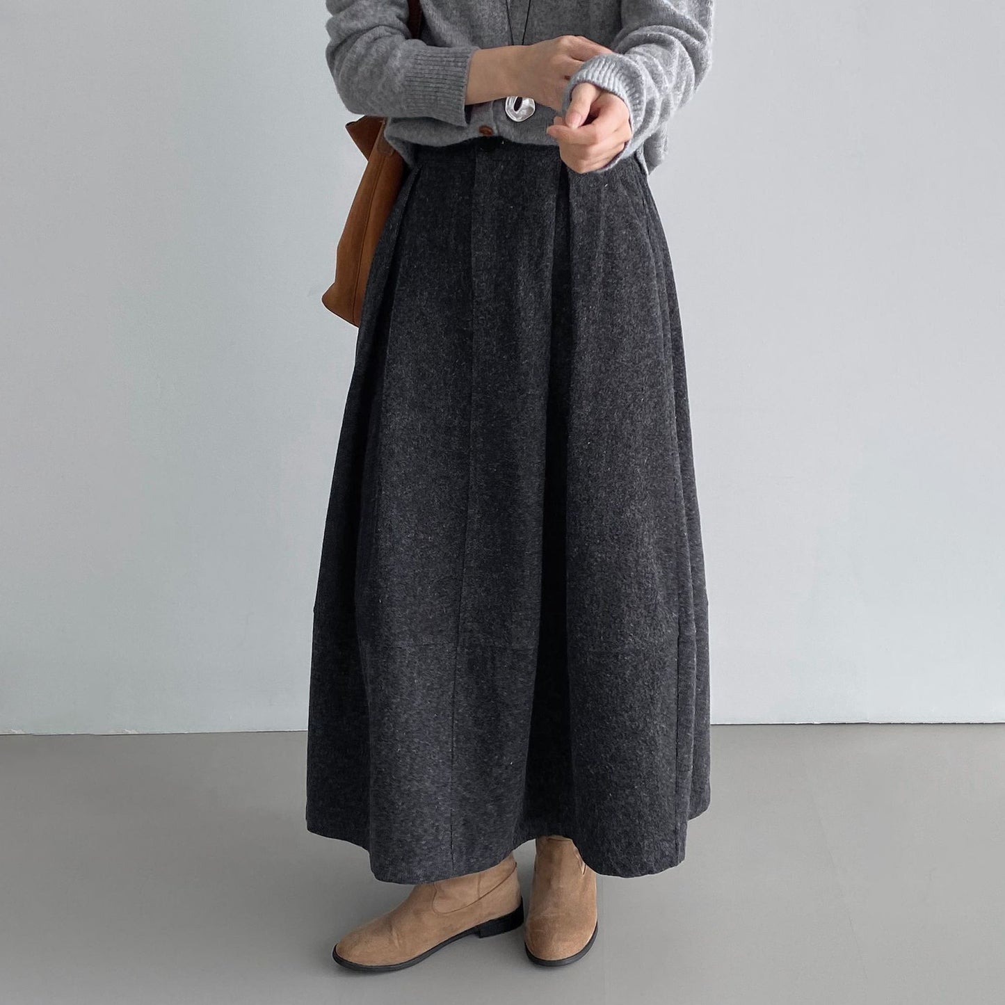 【ボトムス】ウール風  バルーンスカート 気質Aライン プリーツ入り【JZシリーズ】