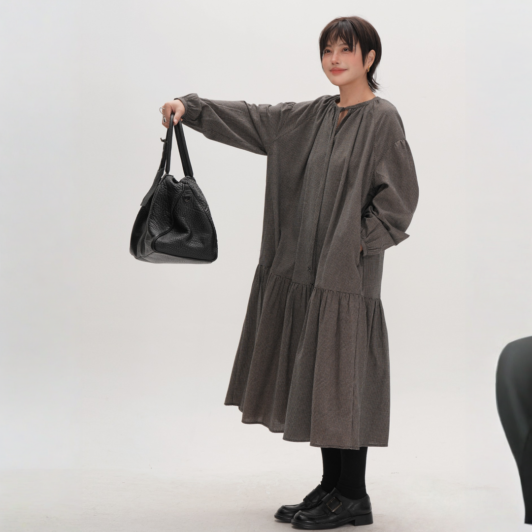 【ワンピース】春 秋 冬 チェック柄 長袖 細見え ロングワンピース 【JZシリーズ】