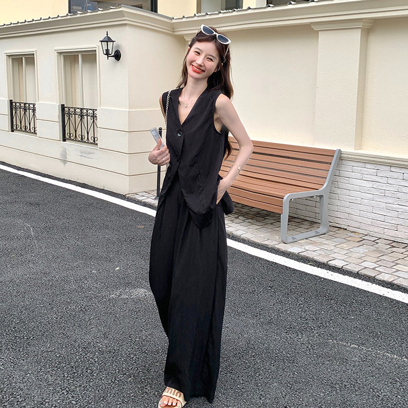 2点セット！【セットアップ】通勤＆デイリー兼用 バックレスデザイン ジレ＋ワイドパンツ 上下セット【JZシリーズ】【SNシリーズ】