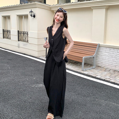 2点セット！【セットアップ】通勤＆デイリー兼用 バックレスデザイン ジレ＋ワイドパンツ 上下セット【JZシリーズ】【SNシリーズ】