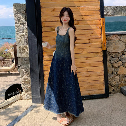 【ワンピース】デニム風プリント ノースリーブワンピース 体型カバー＆美シルエットが叶う大人可愛い一枚【SHシリーズ】