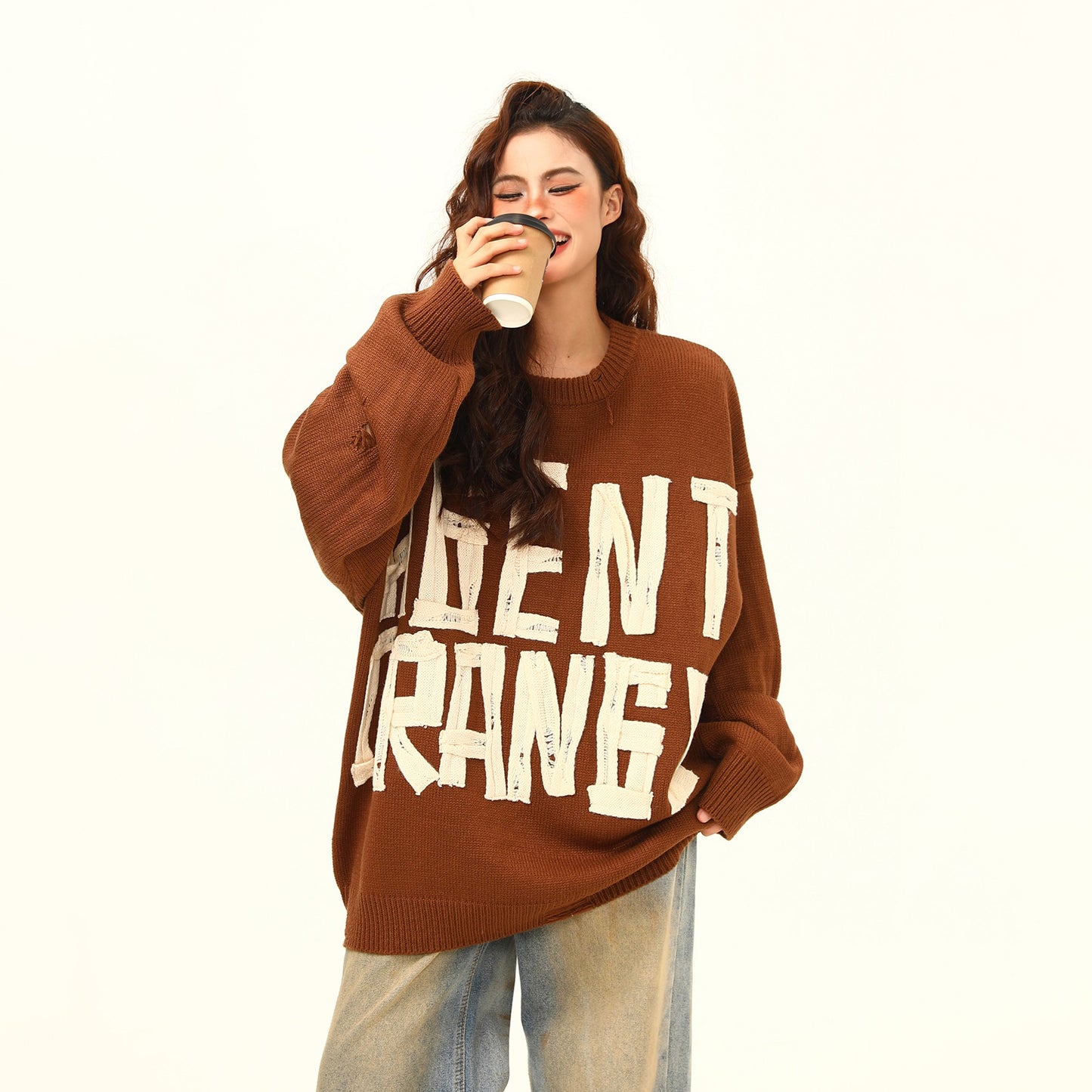 【トップス】秋冬新作✨ヴィンテージ ロゴ編みニット レディース ゆったりシルエット メラードカラーでこなれ感アップ【FCシリーズ】