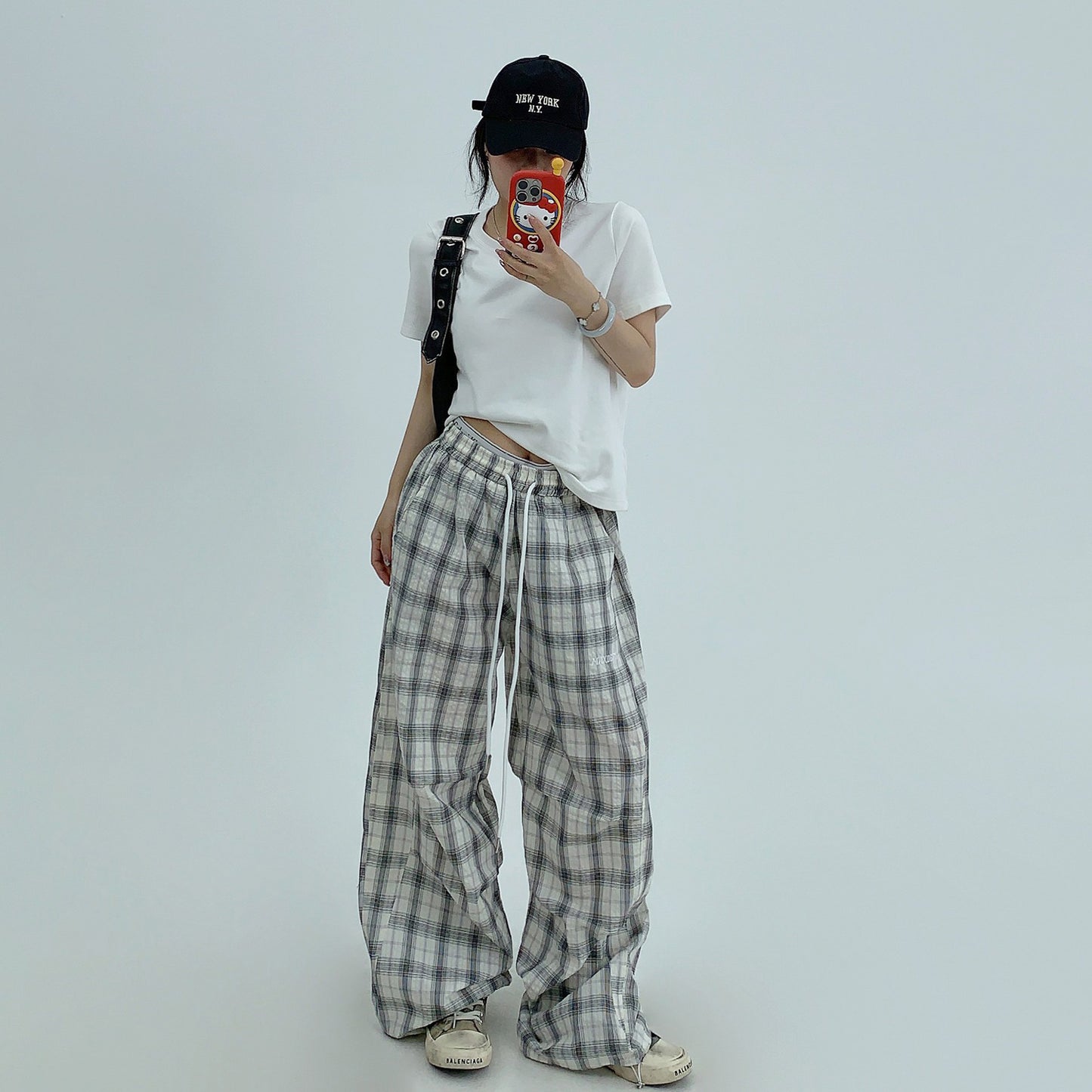 【ボトムス】アメリカン ヴィンテージ風 リラックス 感のある 薄手 チェック柄 ストレート ワイド パンツ【FCシリーズ】