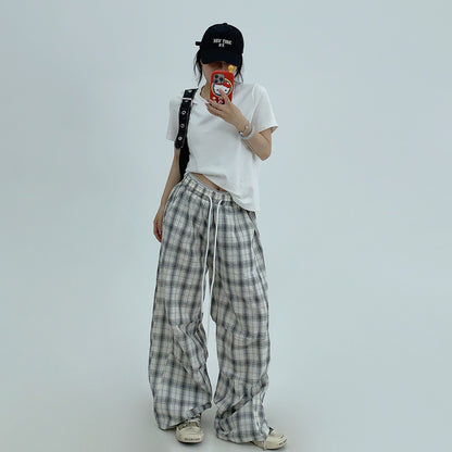 【ボトムス】アメリカン ヴィンテージ風 リラックス 感のある 薄手 チェック柄 ストレート ワイド パンツ【FCシリーズ】