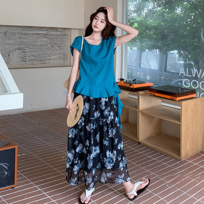 2点セット！【セットアップ】ブルー フレンチ セットアップ レディース 夏新作 アシンメトリートップス プリントスカート 上下セット きれいめ【SHシリーズ】