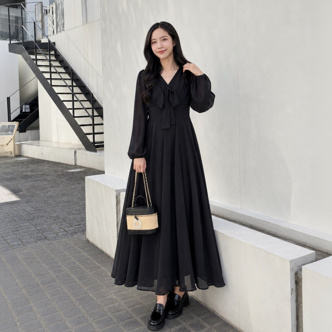 【ワンピース】フレンチ Vネック 着痩せ ロング丈 黒ワンピース 【JZシリーズ】