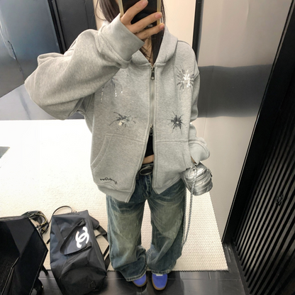 【アウター】刺繍 レトロ スパンコール ショート丈 フード付き ジャケット 【FCシリーズ】