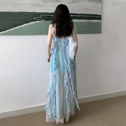 【ワンピース】アート風 ブループリント フリル キャミソールワンピース レディース 夏 アシンメトリー ノースリーブ ロングドレス 涼感リゾート【SHシリーズ】【15～20日内発送】