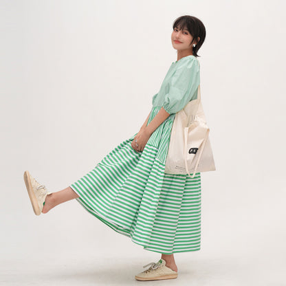 【ワンピース】 夏新作 グリーン切り替え ストライプ ゆったり 半袖ワンピース 着痩せ効果 ラウンドネックロングドレス 【JZシリーズ】【SHシリーズ】