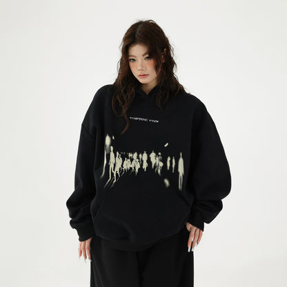 【トップス】レトロ感たっぷり ぼかしシルエットプリント ストリートゆるパーカー【FCシリーズ】