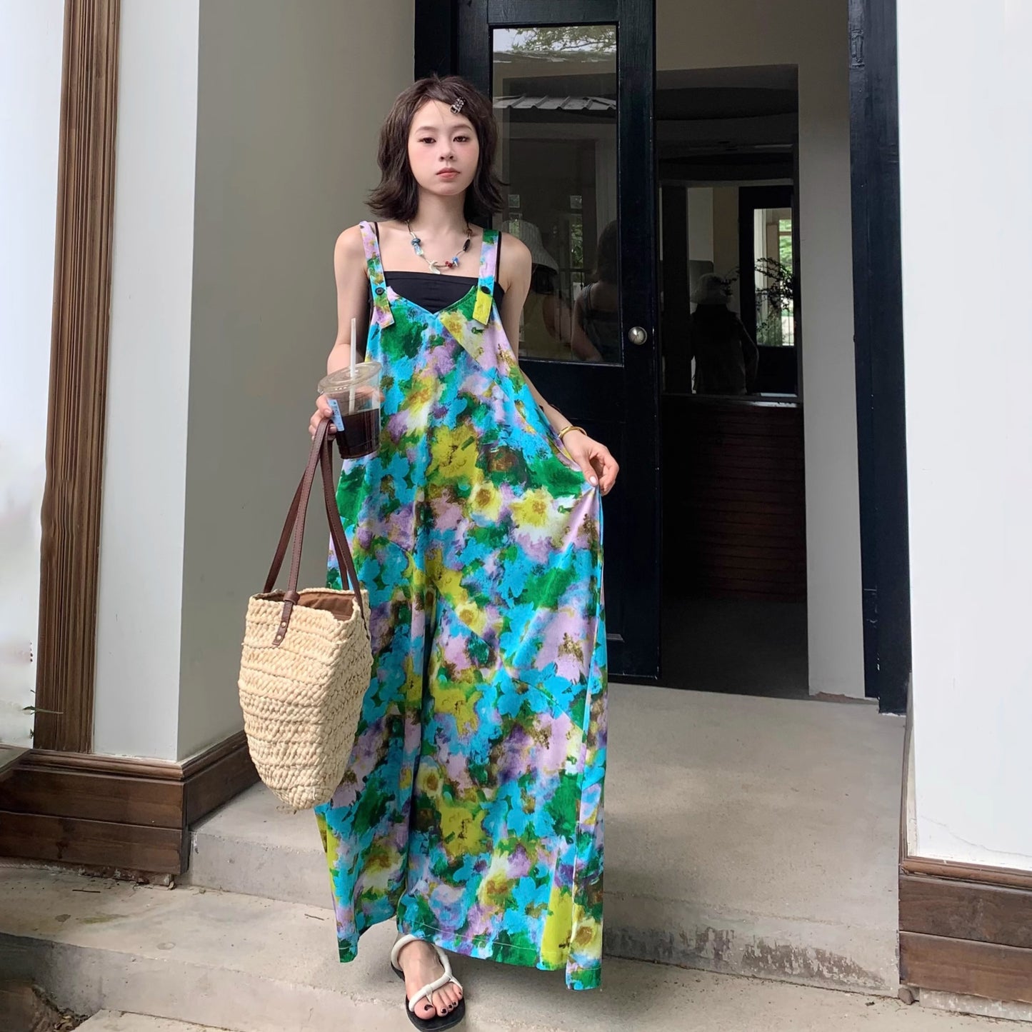 【ボトムス】夏新作 清涼感Vネック ゆったりワイドシルエット オールインワン【SHシリーズ】