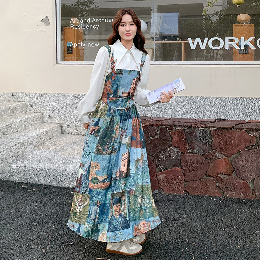 【セットアップ】学院風シャツ＋花柄ノースリーブワンピース レディース 春秋2025新作 人気 高級感 ワンピース【SHシリーズ】