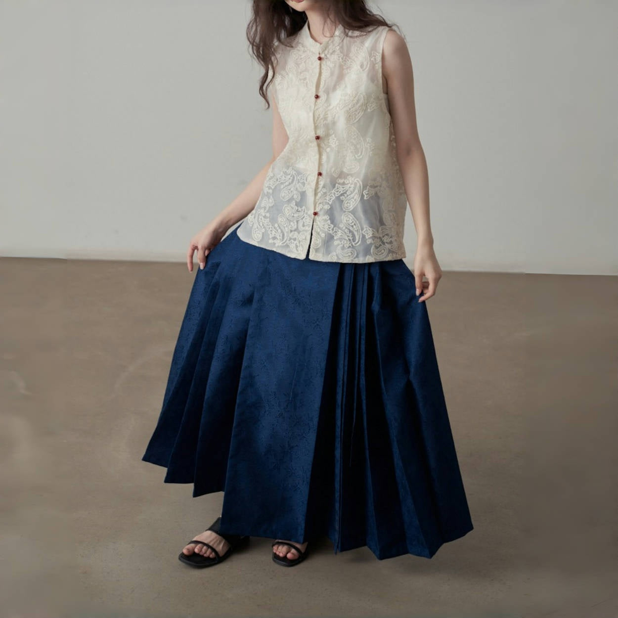 【ボトムス】夏 新中華風 ジャカード刺繍フラワー柄 馬面スカート 【SHシリーズ】