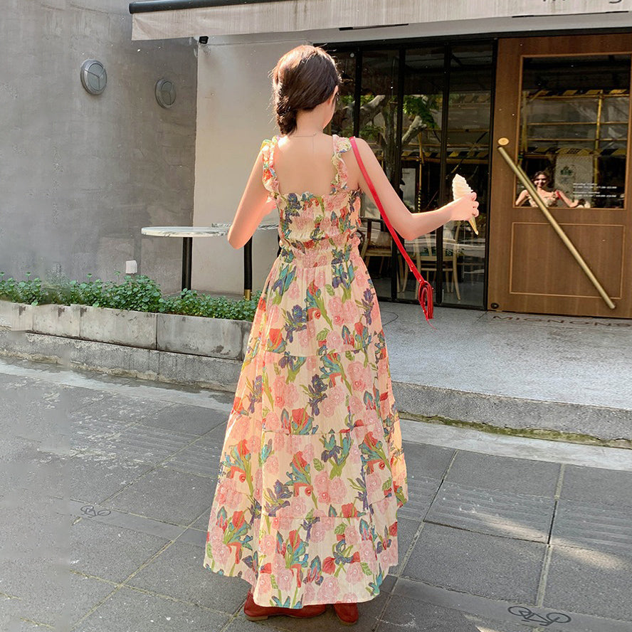 【ワンピース】夏 フレンチ風 スリム効果 ドーパミン 油絵プリント ノースリーブワンピース【SHシリーズ】