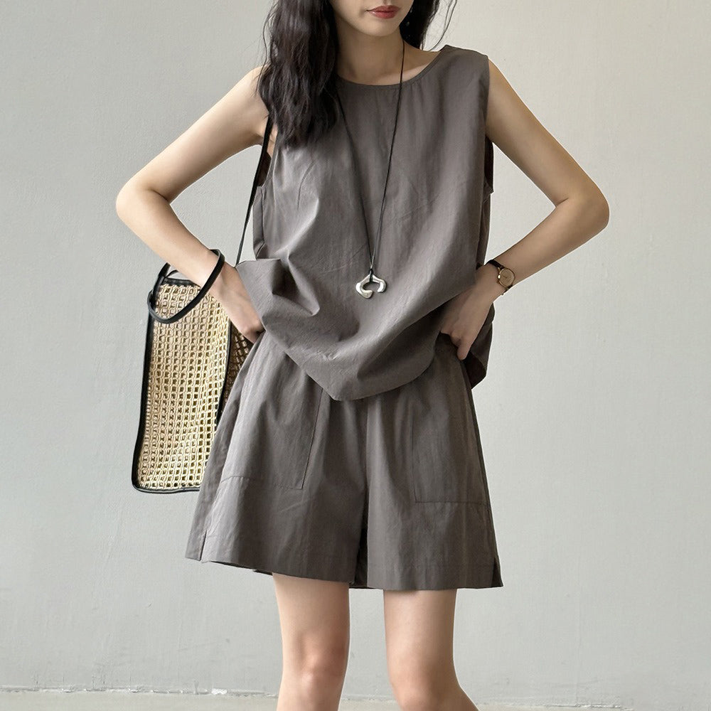 2点セット！【セットアップ】リラックス感 シンプル 無袖トップス＋ショートパンツ エレガント 上下セット【JZシリーズ】