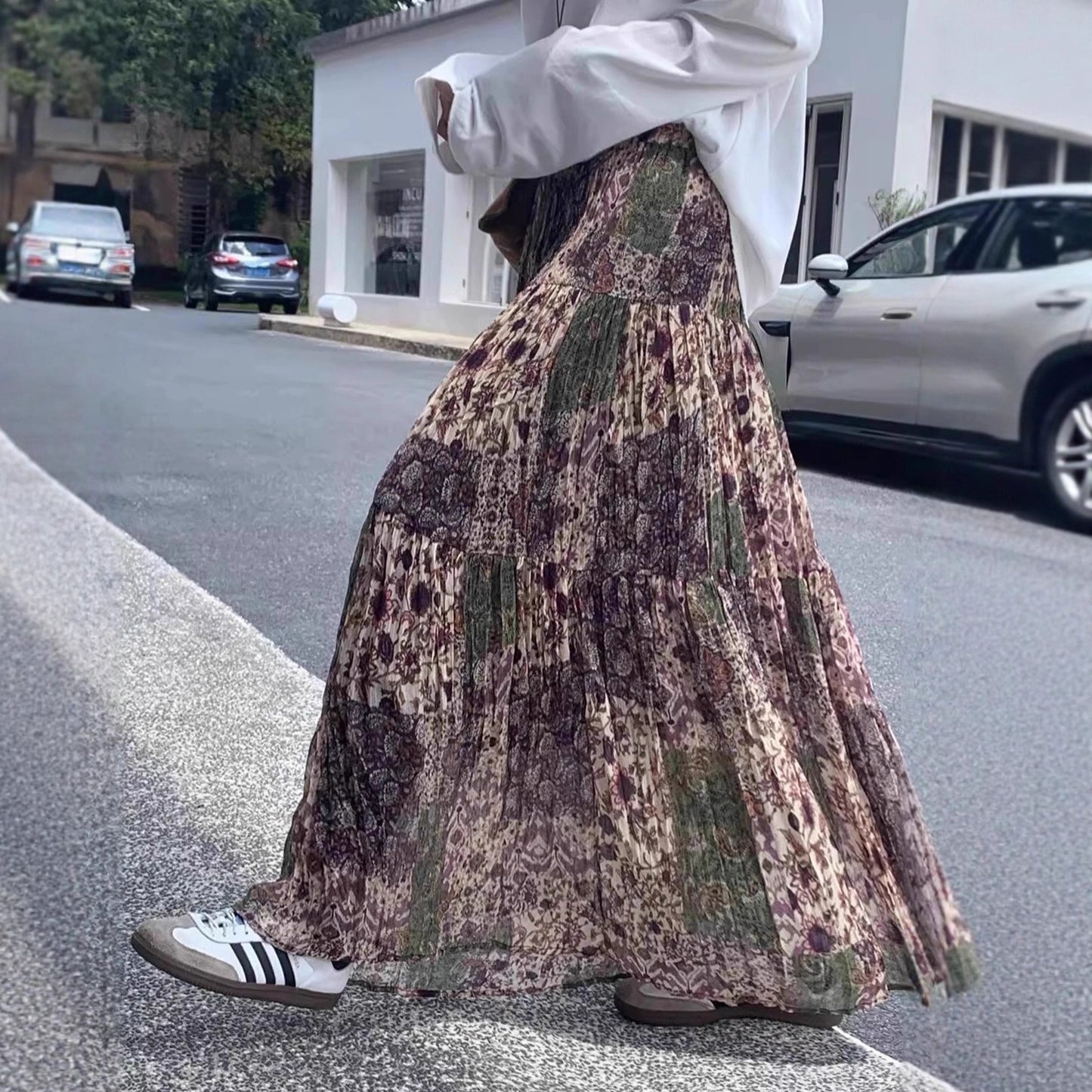 【ボトムス】ヴィンテージ 配色フ レディース 韓国風 ゆったりハイウエストAライン ロングスカート トレンド【SHシリーズ】