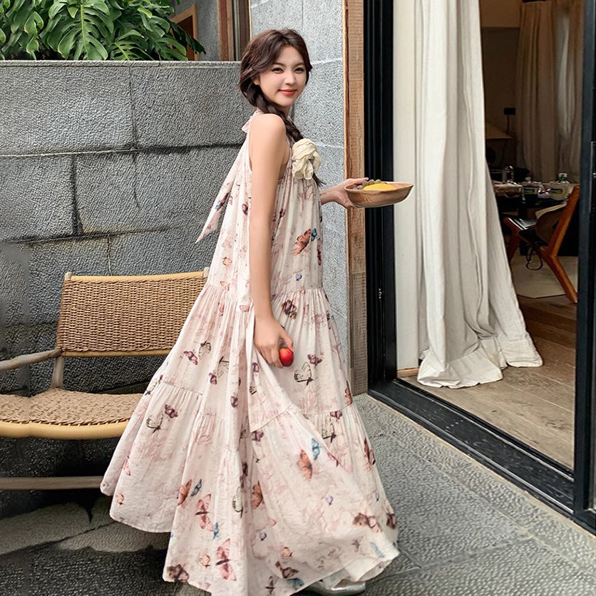 【ワンピース】夏 フレンチ温柔風 蝶柄 ノースリーブワンピース【SHシリーズ】