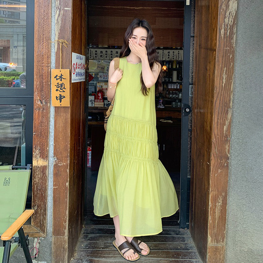 【ワンピース】気質スタイル 夏 海辺リゾート風 ギャザー入りシフォンロングドレス  ノースリーブワンピース