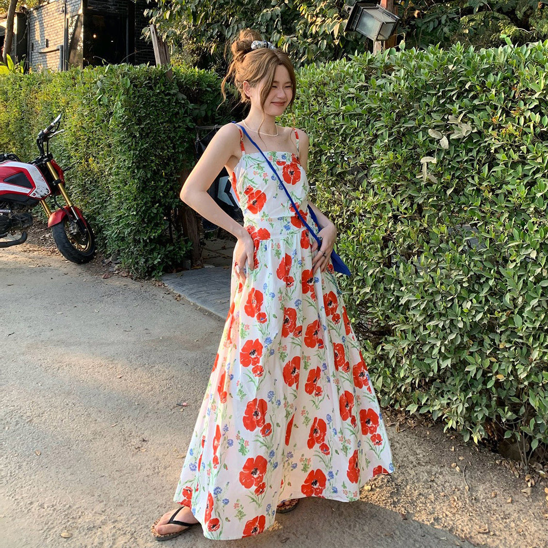 M~4XL【セットアップ】【単品注文】レトロ花柄キャミワンピース レディース 夏 ロング丈 Aラインワンピース カントリースタイル ウエストシェイプ【SHシリーズ】