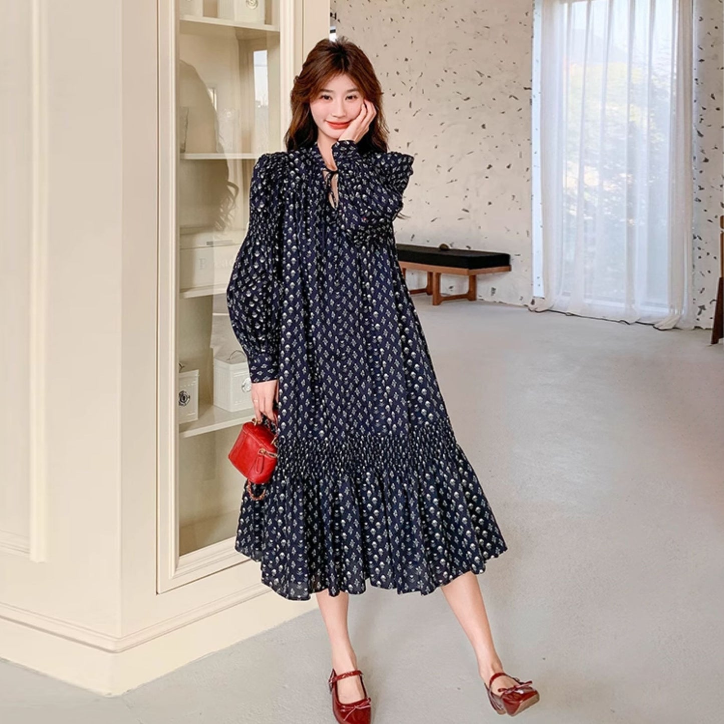 【ワンピース】フラワープリント リボン付き 長袖ワンピース レディース マキシ丈 トレンドコーデ 大人可愛い【SHシリーズ】