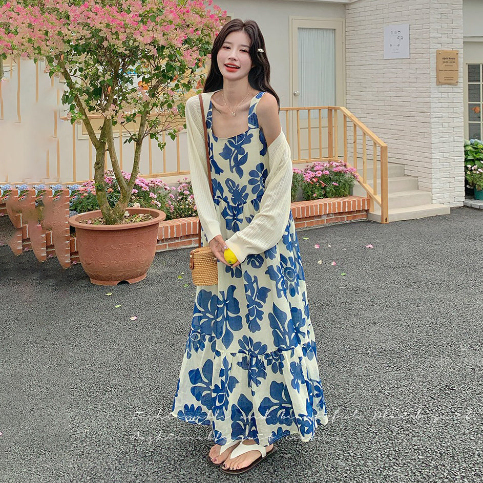 2点セット！【セットアップ】甘かわブルー花柄 ノースリーブワンピース＋UVカーデ セット レディース 夏 若見えスタイル【SHシリーズ】