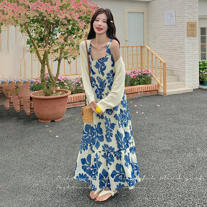 2点セット！【セットアップ】甘かわブルー花柄 ノースリーブワンピース＋UVカーデ セット レディース 夏 若見えスタイル【SHシリーズ】