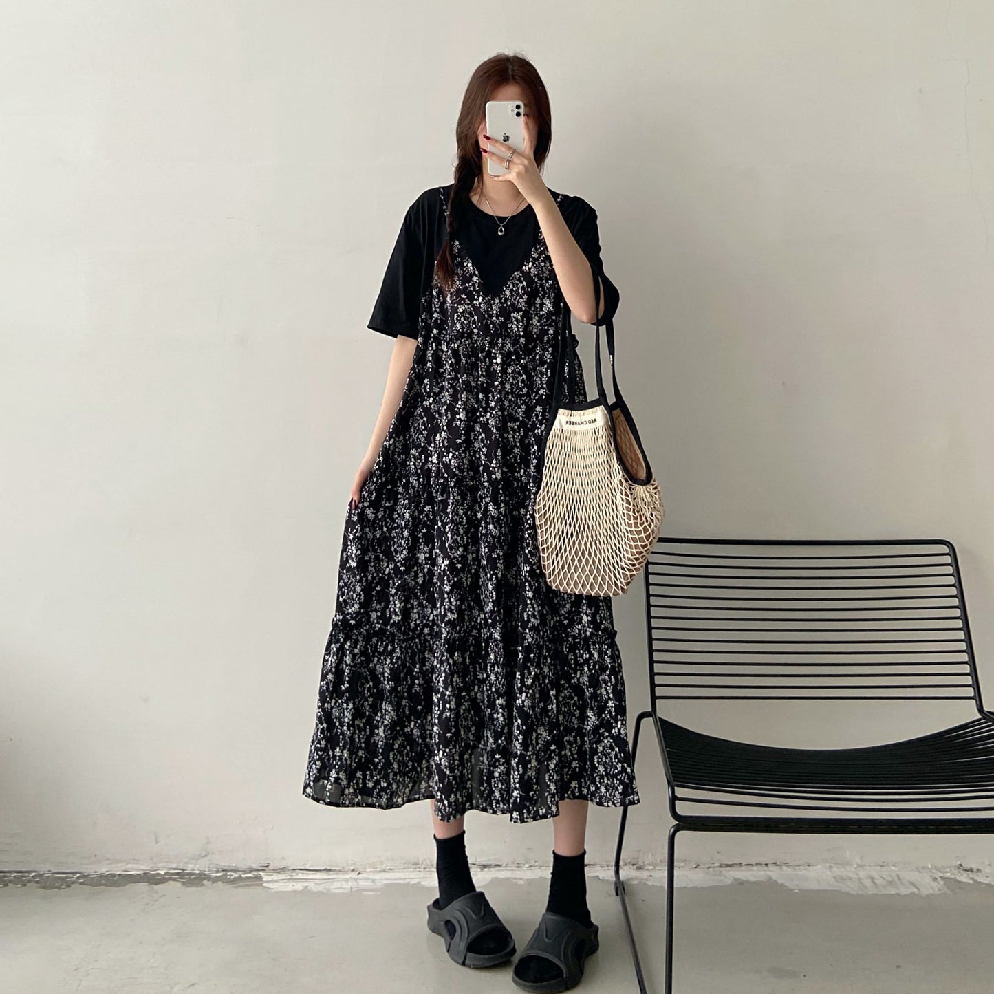 【ワンピース】フレンチ花柄シフォンワンピース レディース 夏 フェミニン 半袖 ロング丈 体型カバー 上品ワンピース【JZシリーズ】