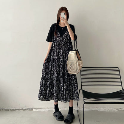 【ワンピース】フレンチ花柄シフォンワンピース レディース 夏 フェミニン 半袖 ロング丈 体型カバー 上品ワンピース【JZシリーズ】