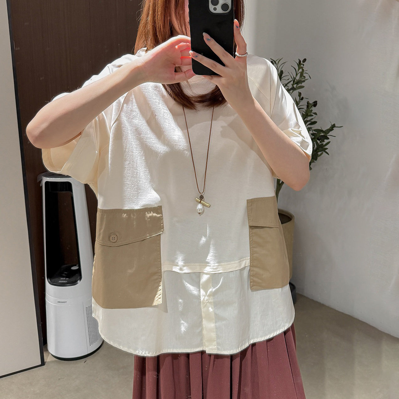 【トップス】立体ビッグポケット フェイクレイヤード 切替 半袖Tシャツ ゆったり オーバーサイズ【JZシリーズ】