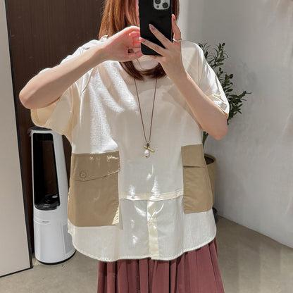 【トップス】立体ビッグポケット フェイクレイヤード 切替 半袖Tシャツ ゆったり オーバーサイズ【JZシリーズ】