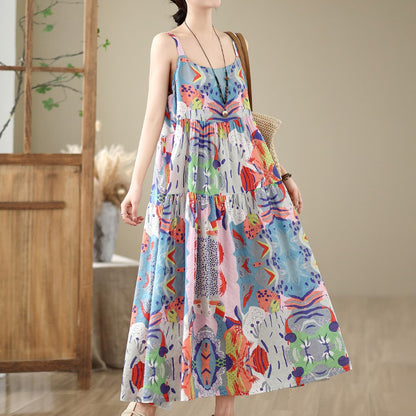 全6柄展開【ワンピース】 綿麻素材 花柄キャミワンピース｜ゆったり大きめサイズ＆ロング丈 ノースリーブワンピース【SHシリーズ】