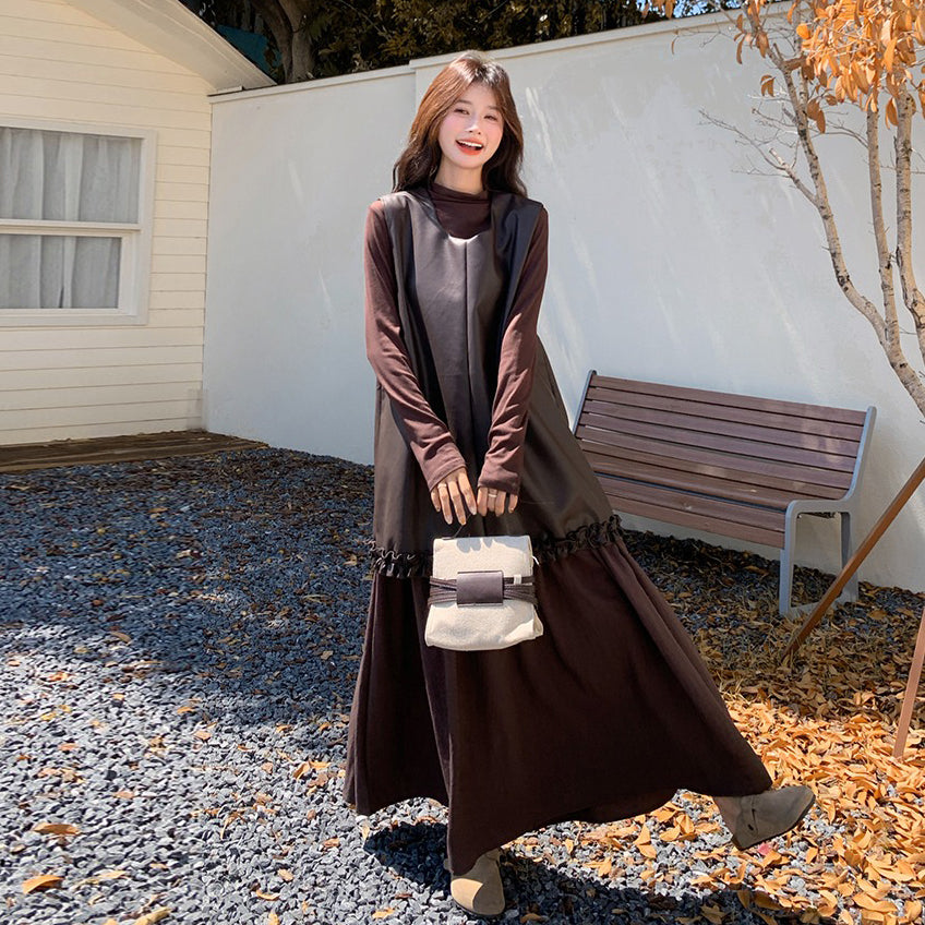 2点セット！【セットアップ】メラード風 PUレザー切り替え ワンピース＋インナートップスセット 春秋コーデ【JZシリーズ】