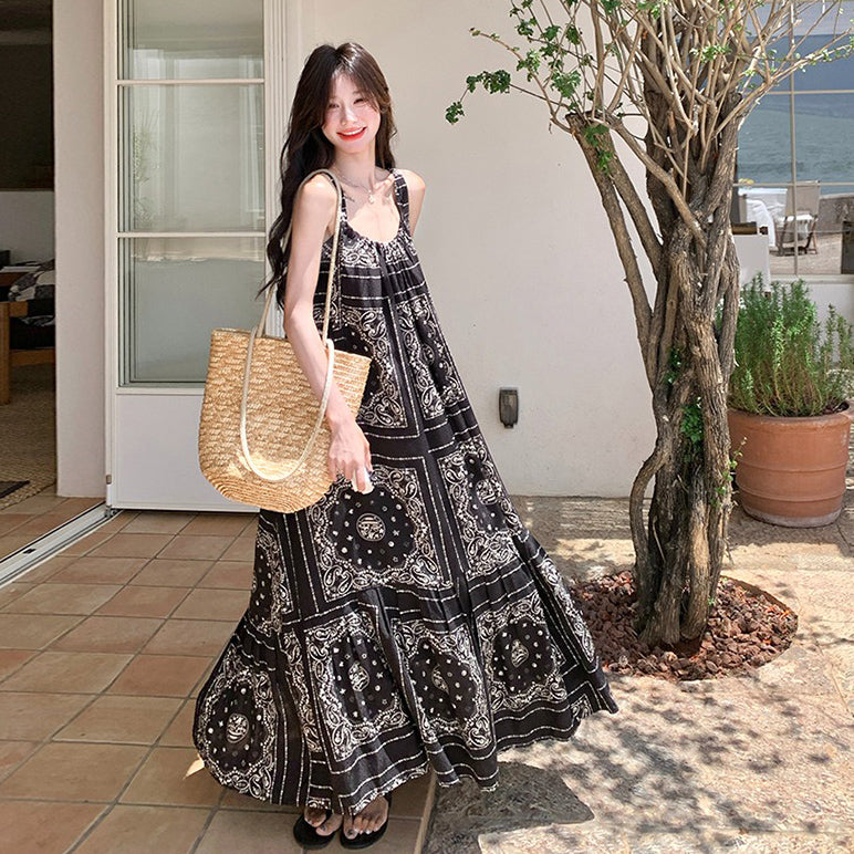 【ワンピース】夏 ブラック×エスニック風 大人上品ノースリーブ  キャミソールロングワンピース【SHシリーズ】