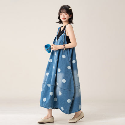 【ワンピース】ワンピース デニムジャンパースカート レディース ドット柄 オーバーサイズ ノースリーブ ゆったり ロング丈 カジュアル【JZシリーズ】【SHシリーズ】