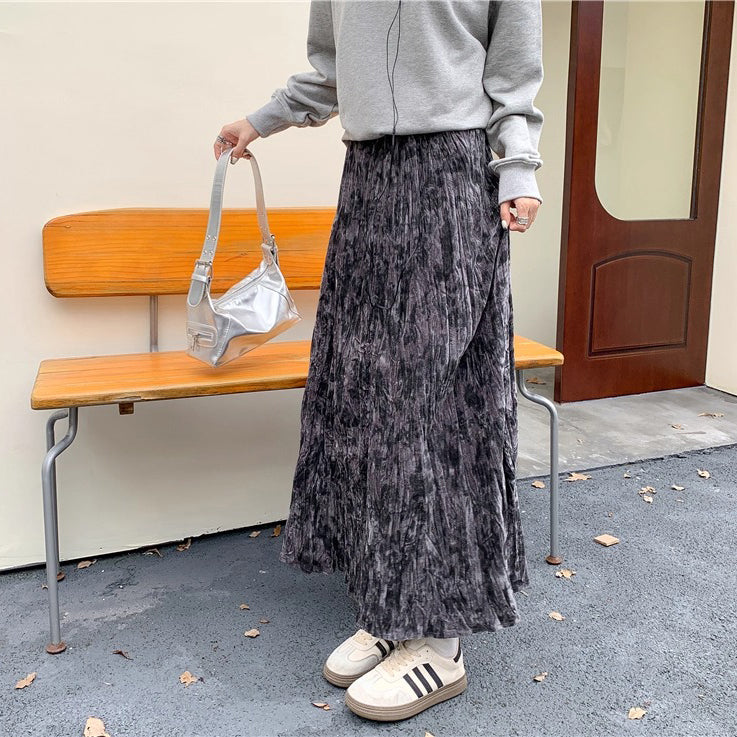 【ボトムス】プリーツ ゆったり ヒップカバー Aラインロングスカート 水墨画柄 ベルベットスカート【SHシリーズ】