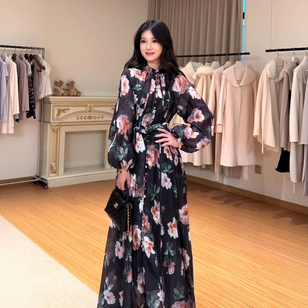 【ワンピース】通勤スタイル 小花柄 ハイネック バルーンスリーブ ロングワンピース 【SHシリーズ】