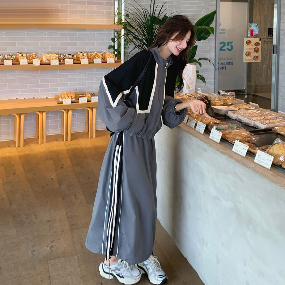 2点セット！【セットアップ】韓国CHIC 配色ジャケットスカート 上下セット レディース ストライプ柄 リラックス 秋セット【FCシリーズ】