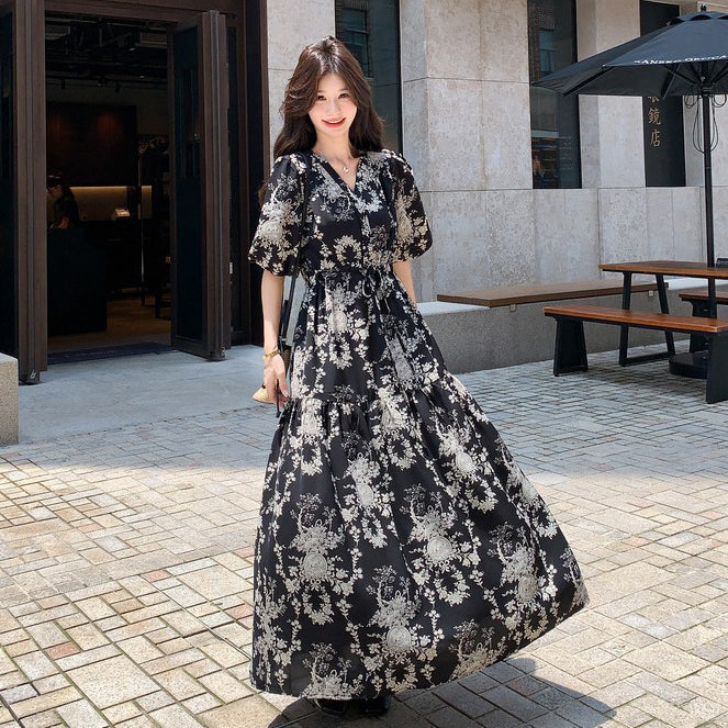 【ワンピース】フレンチ風 花柄 半袖ワンピース レディース 夏 パフスリーブ ティードレス ロング丈【SHシリーズ】