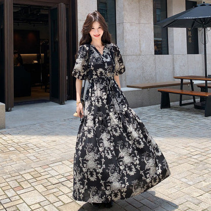 【ワンピース】フレンチ風 花柄 半袖ワンピース レディース 夏 パフスリーブ ティードレス ロング丈【SHシリーズ】