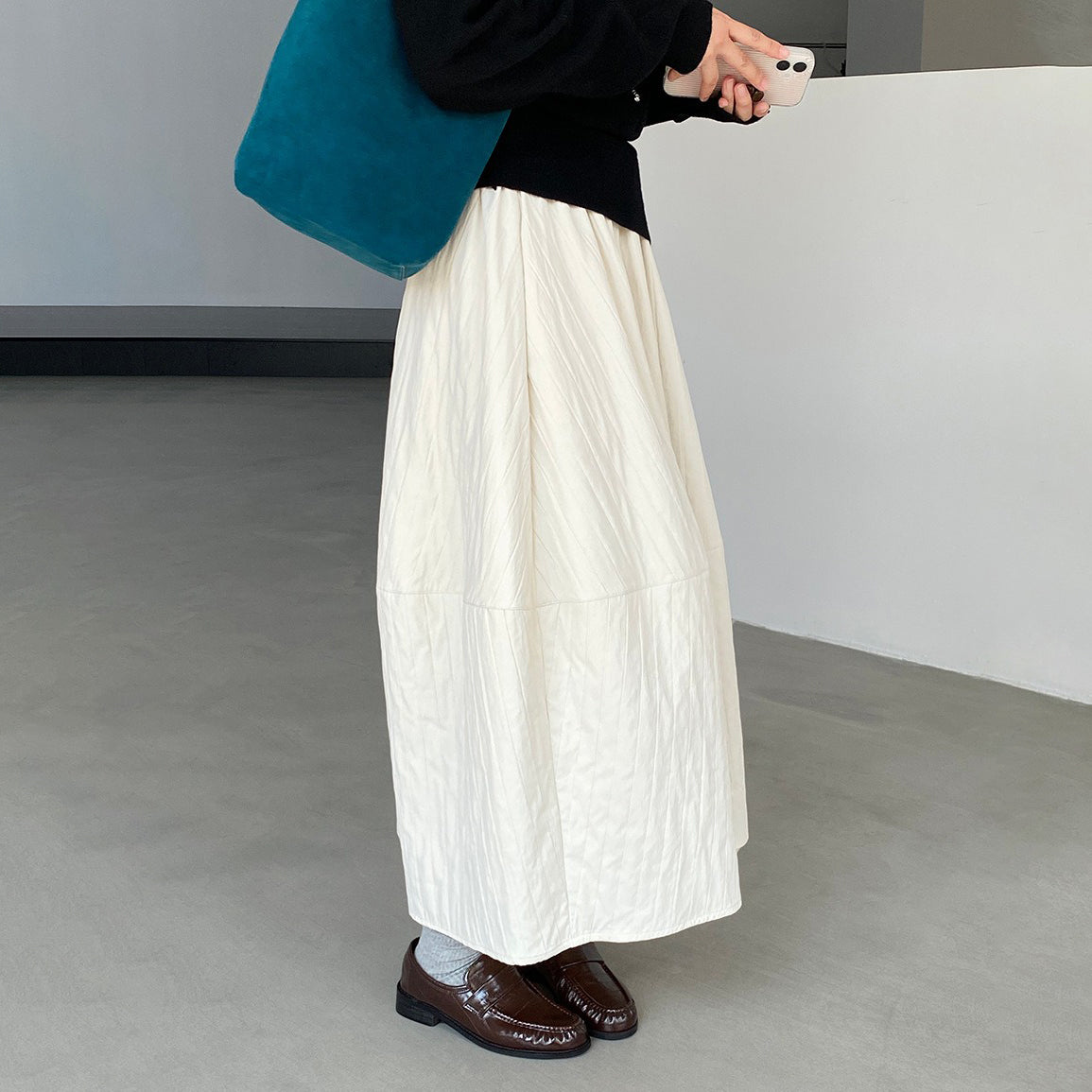 4カラー【ボトムス】ハイウエスト＆バルーンシルエット⭐️あったか中長スカート レディース 春秋冬 花苞デザイン【JZシリーズ】