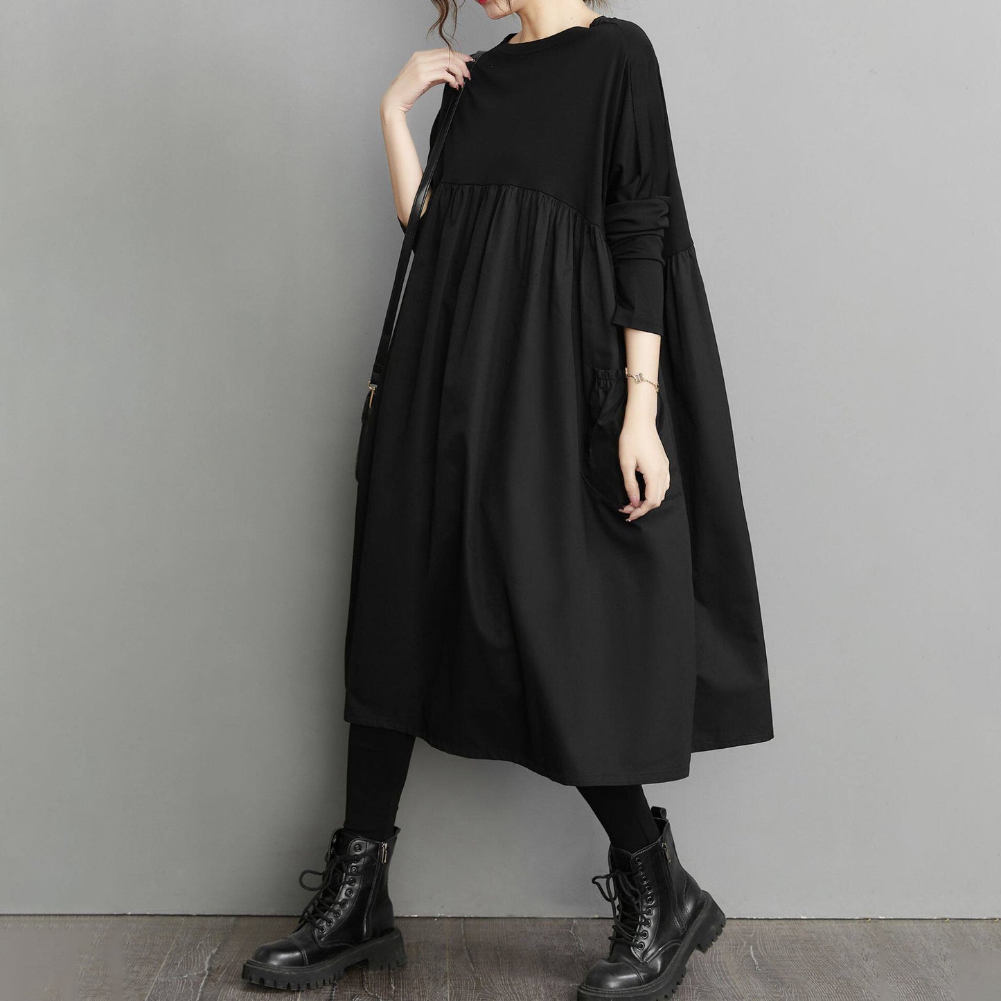 60%OFF⭐️期間限定【ワンピース】大きいサイズ ウエスト切替 ベビードール風 ブラック 着痩せ  ゆったり 長袖ワンピース【AHシリーズ】