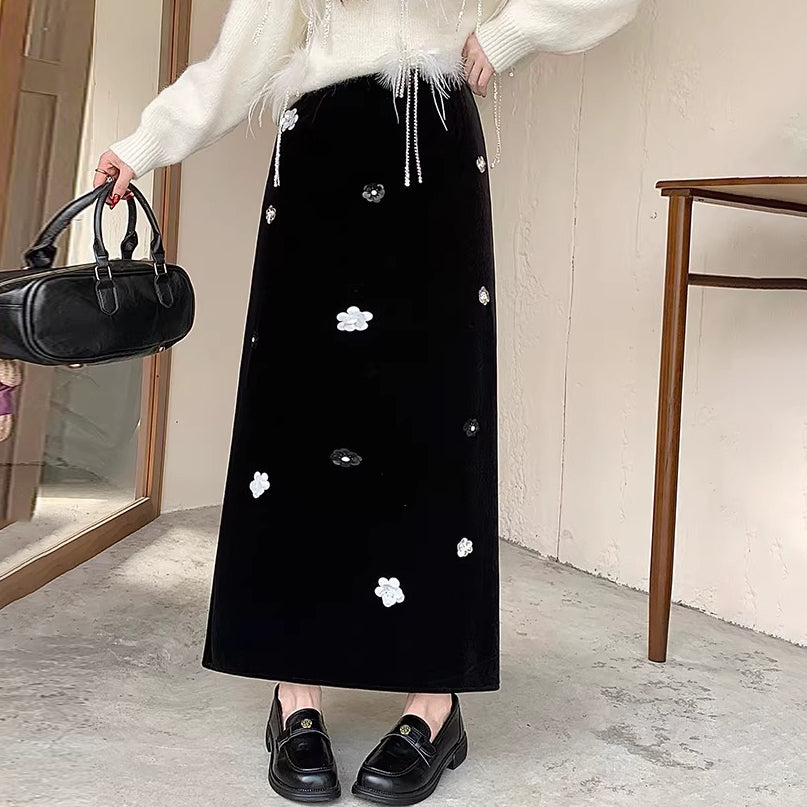 【ボトムス】裏起毛 ロングスカート Aライン スリット入り ヒップカバー 落ち感 ベロア調 厚手 秋冬 レディース【JZシリーズ】