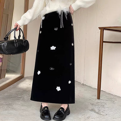 【ボトムス】裏起毛 ロングスカート Aライン スリット入り ヒップカバー 落ち感 ベロア調 厚手 秋冬 レディース【JZシリーズ】