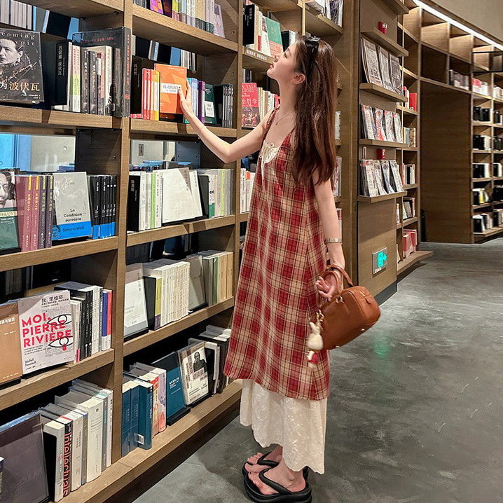 【ワンピース】レトロ チェック柄 レース切替 リボン付き ノースリーブキャミワンピース【SHシリーズ】