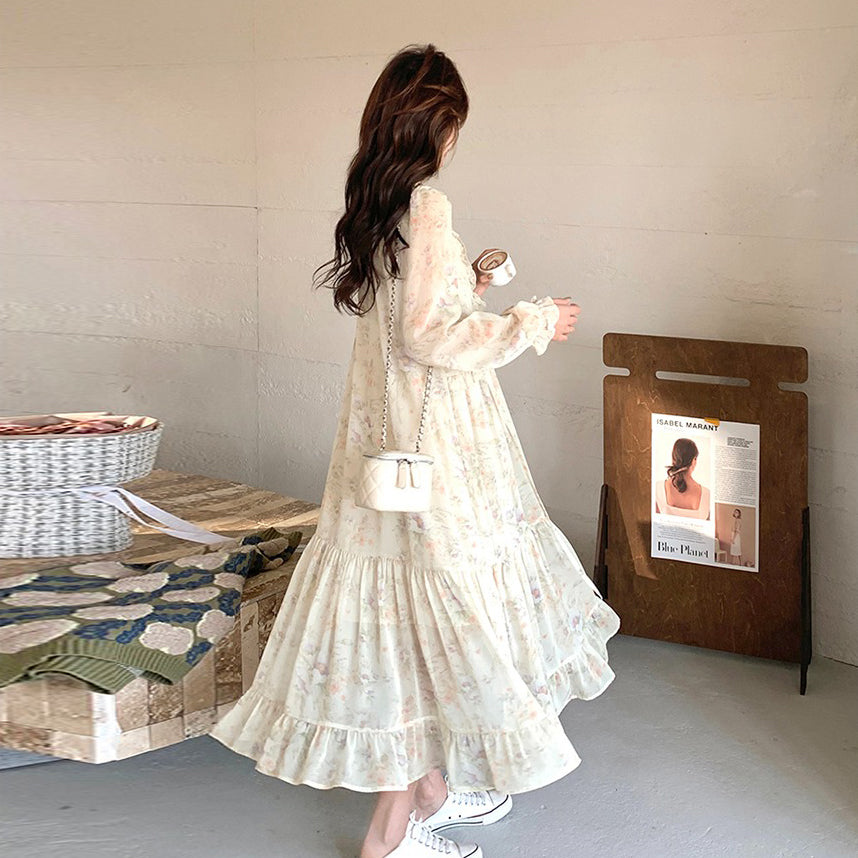 【ワンピース】春秋 優しい雰囲気 上品 フレンチ風 ロングスカート 大人気 トレンド 花柄長袖ワンピース【SHシリーズ】