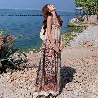 【ワンピース】夏新作 ボヘミアンプリント ノースリーブキャミワンピース リゾートビーチスタイル【SHシリーズ】