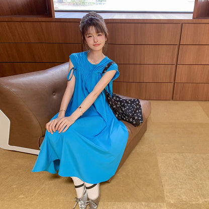 【ワンピース】韓国風 無地ルーズ ノースリーブワンピース 夏 抽紐デザイン ビーチリゾートロングドレス【JZシリーズ】