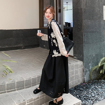 2点セット！【セットアップ】韓国風 ブラック刺繍 ベスト+スカート 上下セット レディース 大人上品コーデ【SHシリーズ】