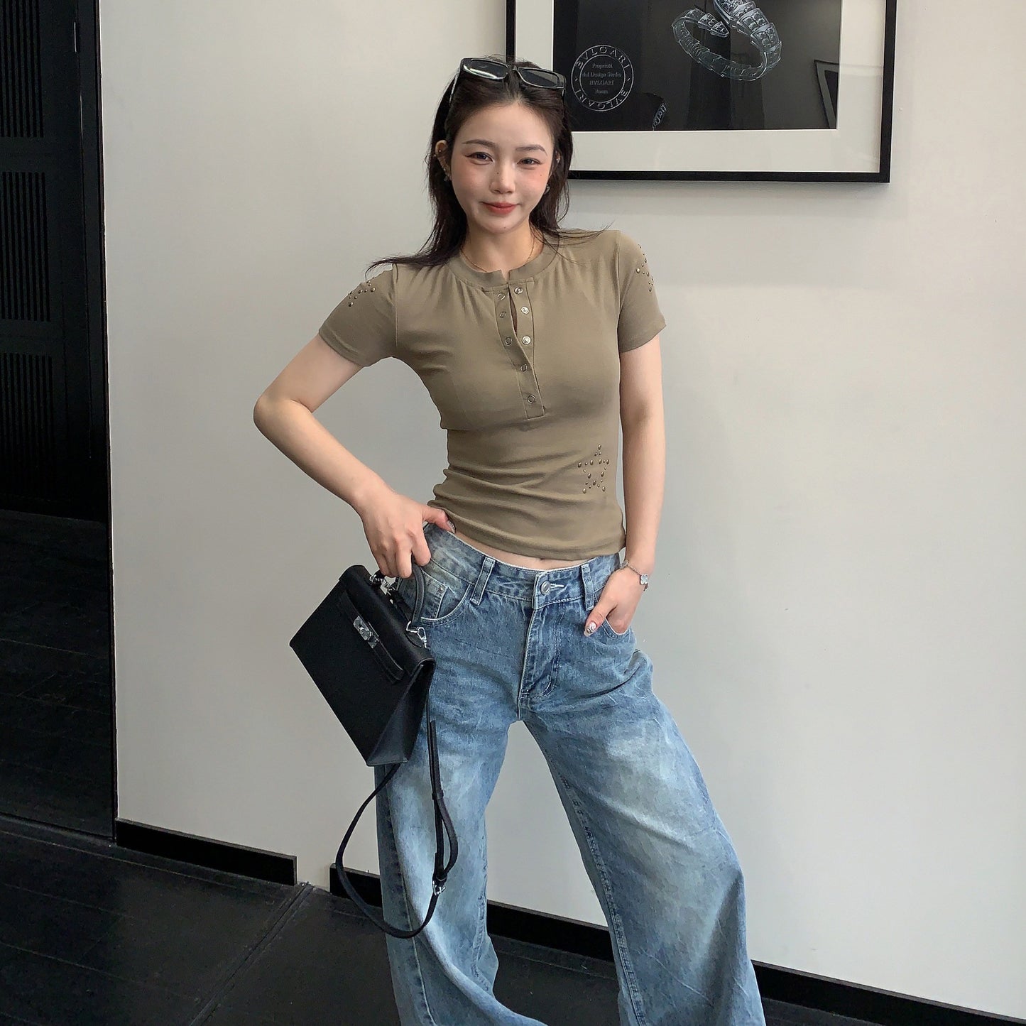 美式箔印花短款半袖T恤｜Y2K辣妹風修身上衣【FC系列】